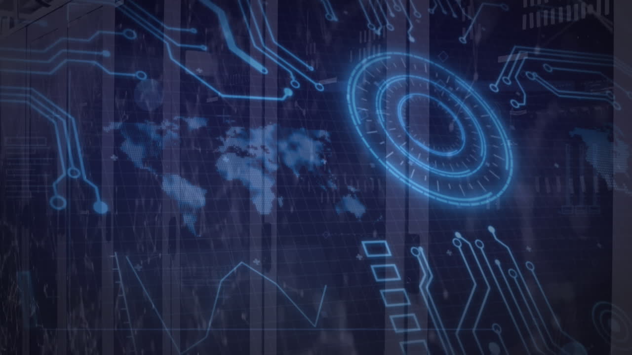 animación de círculos de carga, mapa y patrón de placa de circuito sobre bastidores de servidores de datos en la sala de servidores