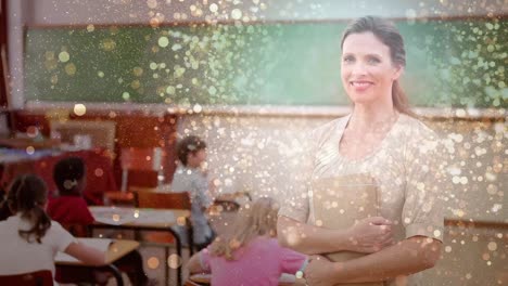 animation of light spots over happy caucasian female teacher with book and diverse schoolchildren