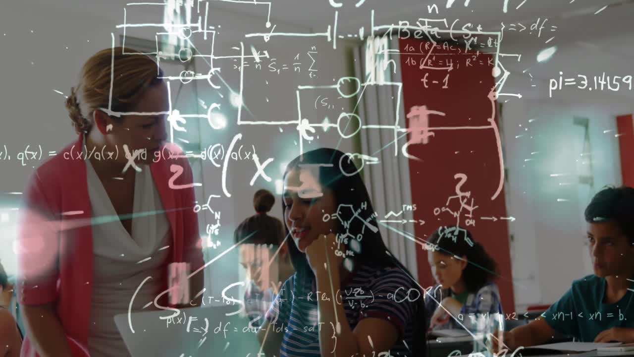 Animation of math formulas moving over caucasisan female teacher helping biracial girl at school