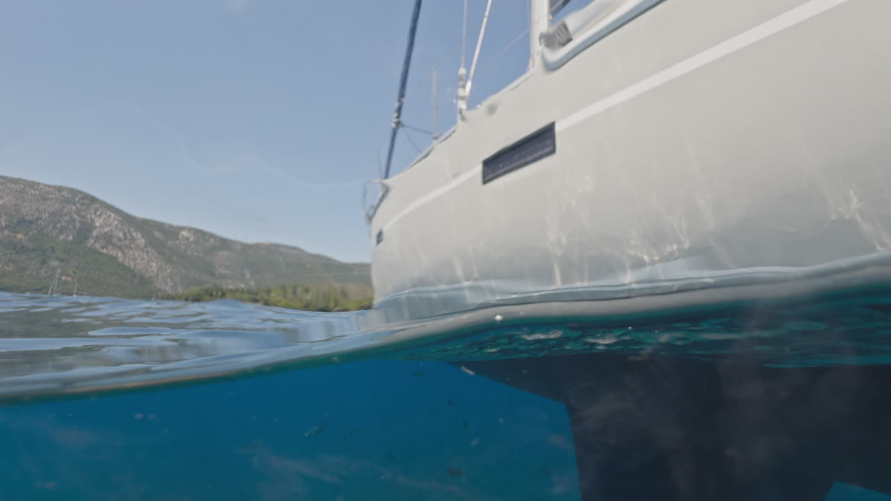 underwater view of a yacht hull with fish swimming around
