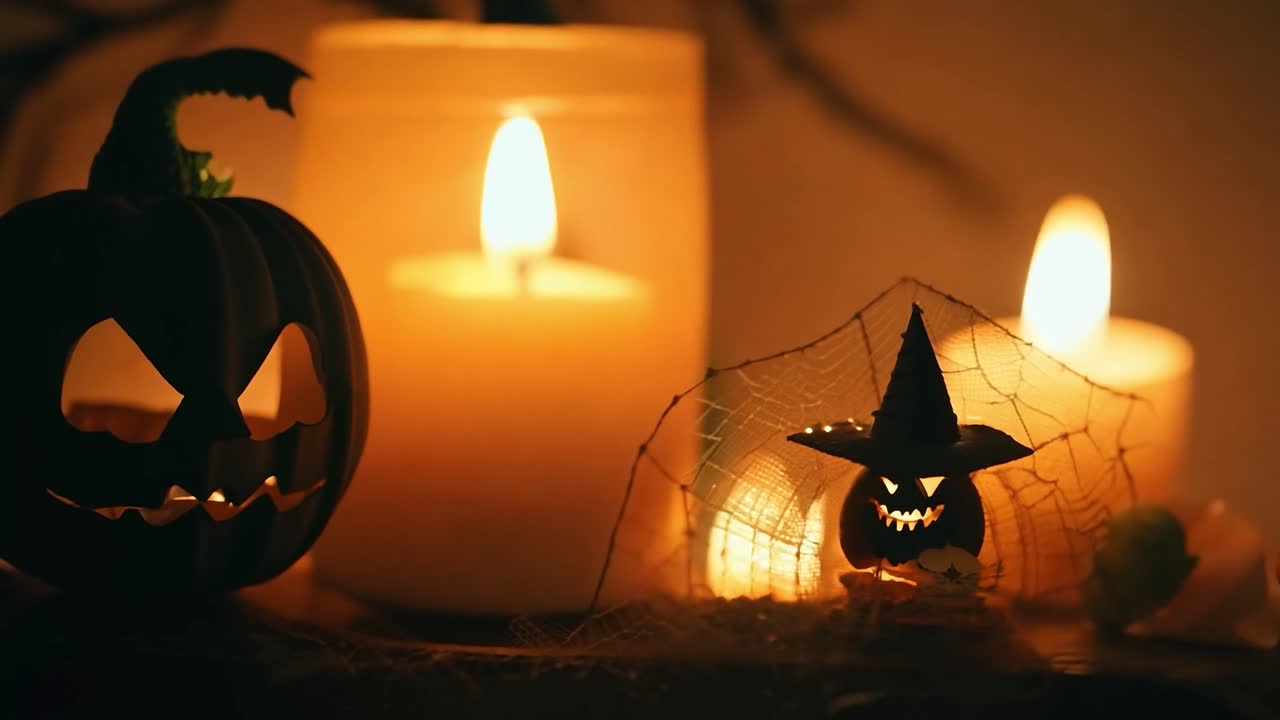 decoración de halloween espeluznante con linterna, velas y bruja