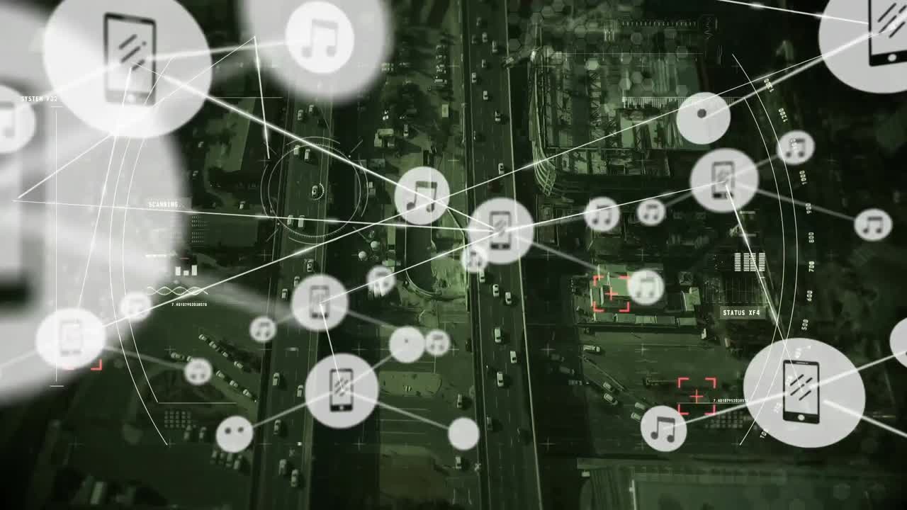 Animation of network of connections with icons over cityscape
