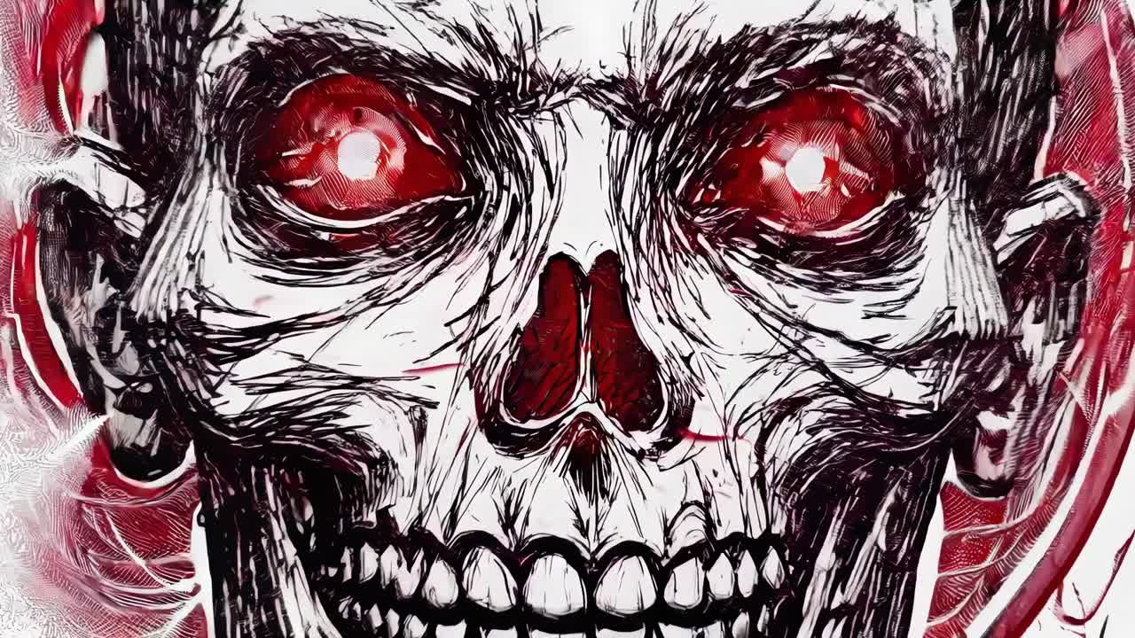 Digital animation showing different versions of a creepy skull transforming, with glowing red eyes and a sinister grin, creating a nightmarish and spooky atmosphere