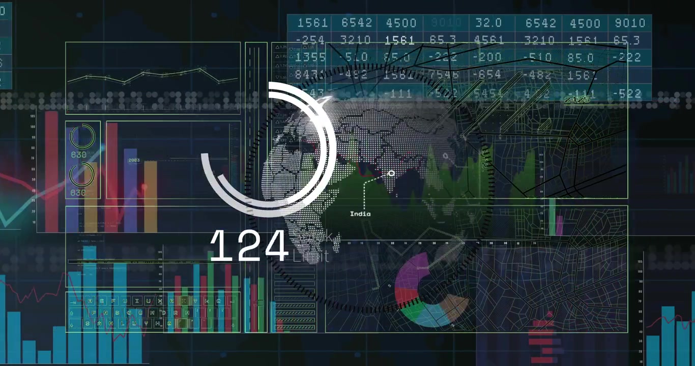 Pixel 3D globe rotating on dark data HUD, showing progress ring and numeric counter updating charts