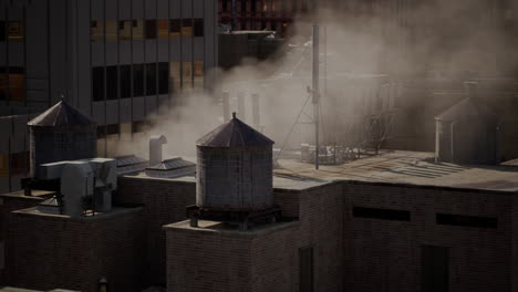 aerial view of a rooftop in new york city with water towers and smog