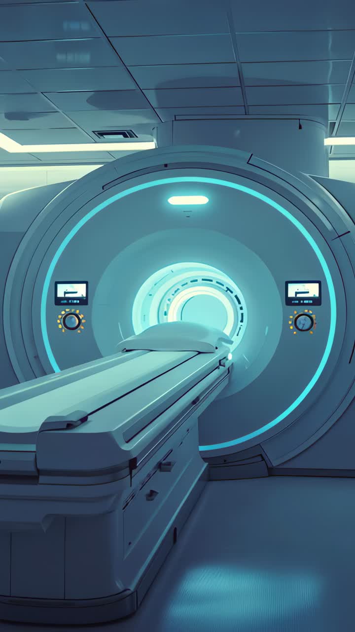 Video verticale: scanner che inizia a spostare il lettino del paziente nella sala di radiologia con LED blu per la scansione
