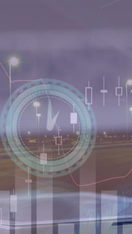 animación de reloj, estadísticas y procesamiento de datos financieros sobre el hombre usando tableta