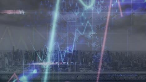 animation of statistical data processing over world map against aerial view of cityscape