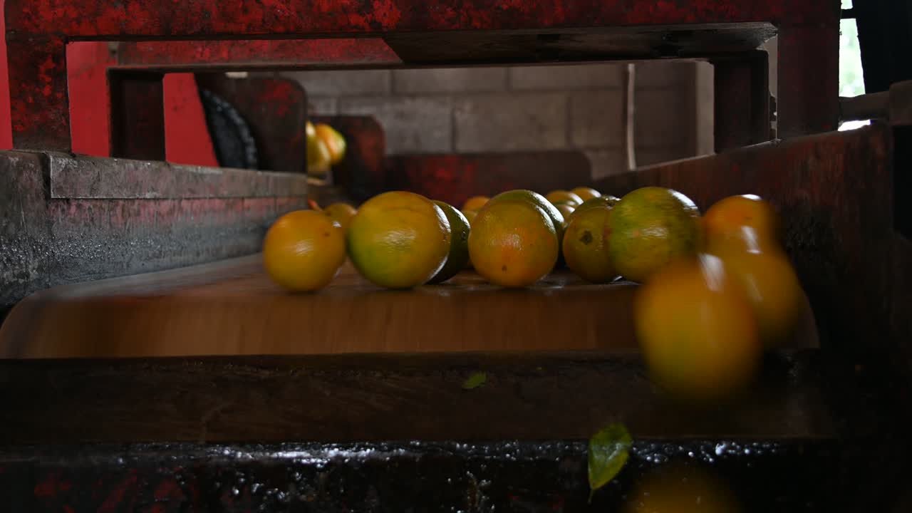 빠르게 떨어지는 컨베이어 벨트의 오렌지