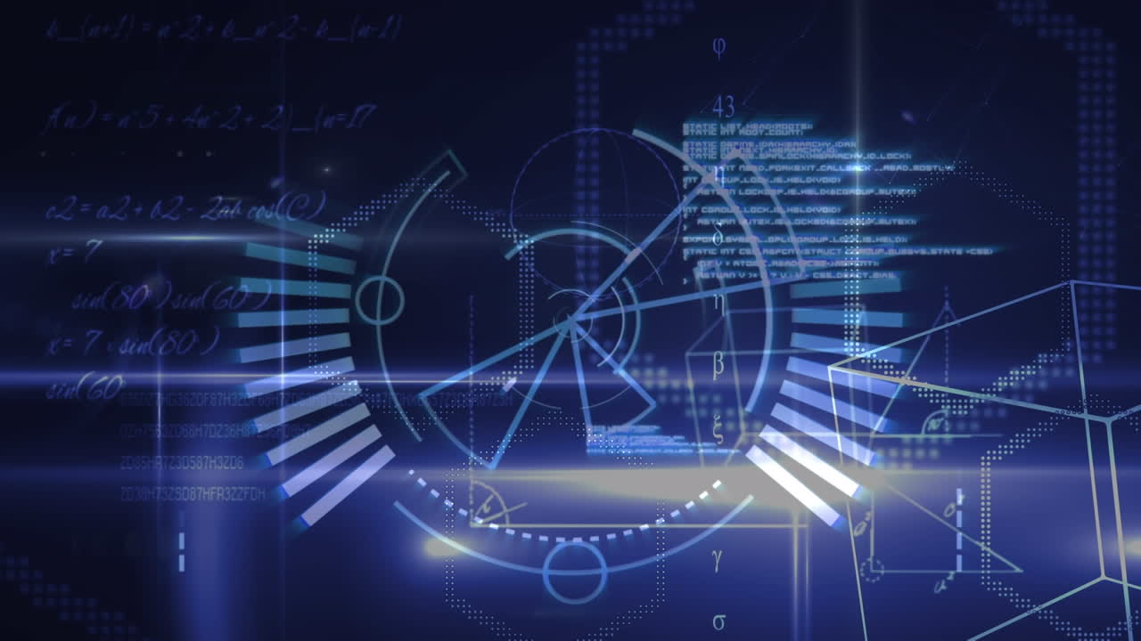 둥근 스캐너, 기하학적 모양, 데이터 처리, 검은 바탕에 파란 빛 반점의 애니메이션