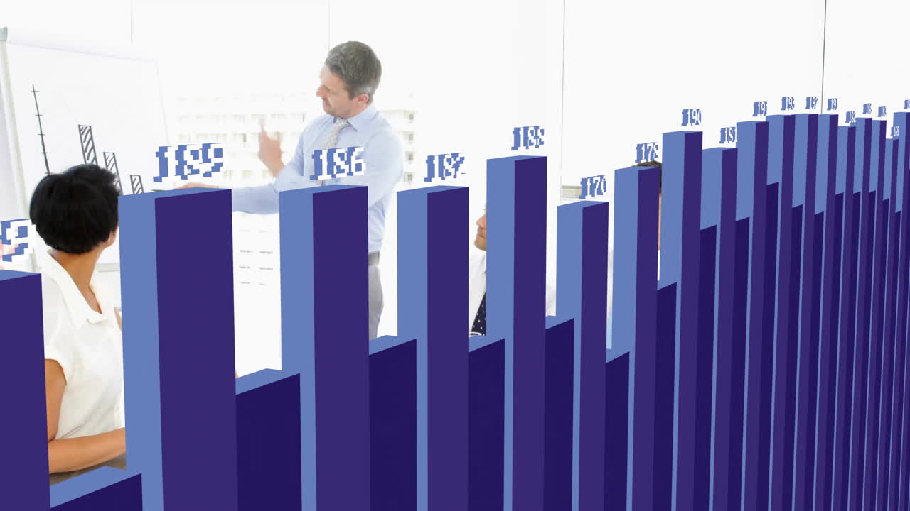 Analyzing data, business team in office with animation of blue bar graph