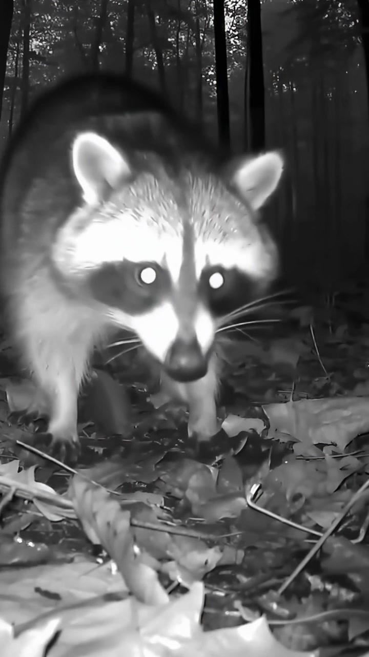 Procione che cerca cibo nella foresta di notte
