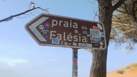 close up of praia da falesia signpost with stickers in algarve, portugal