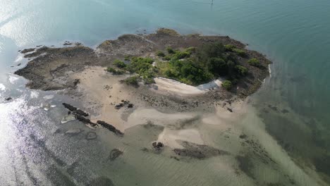 Luftaufnahme-Einer-Buschigen-Insel-In-Der-Nähe-Von-Soldiers-Point-In-Salamander-Bay,-NSW,-Australien