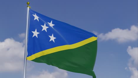 Flag-Of-Solomon-Islands-Moving-In-The-Wind-With-A-Clear-Blue-Sky-In-The-Background,-Clouds-Slowly-Moving,-Flagpole,-Slow-Motion