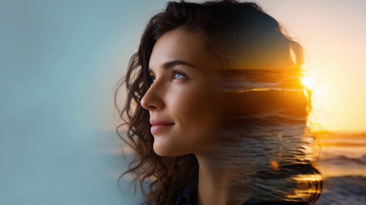 A Dreamy Portrait of a Woman Overlooking the Sunlit Ocean, Capturing a Moment of Serenity and Connection with Nature's Beauty and Tranquility