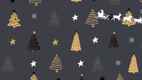 Santa-claus-in-sleigh-being-pulled-by-reindeers-against-multiple-christmas-tree-and-star-icons