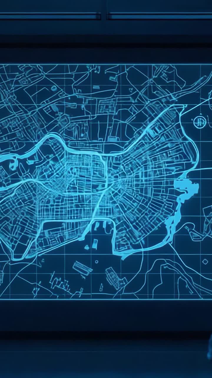 Vertical video: Control room powering digital display screen, showing neon-blue city grid network