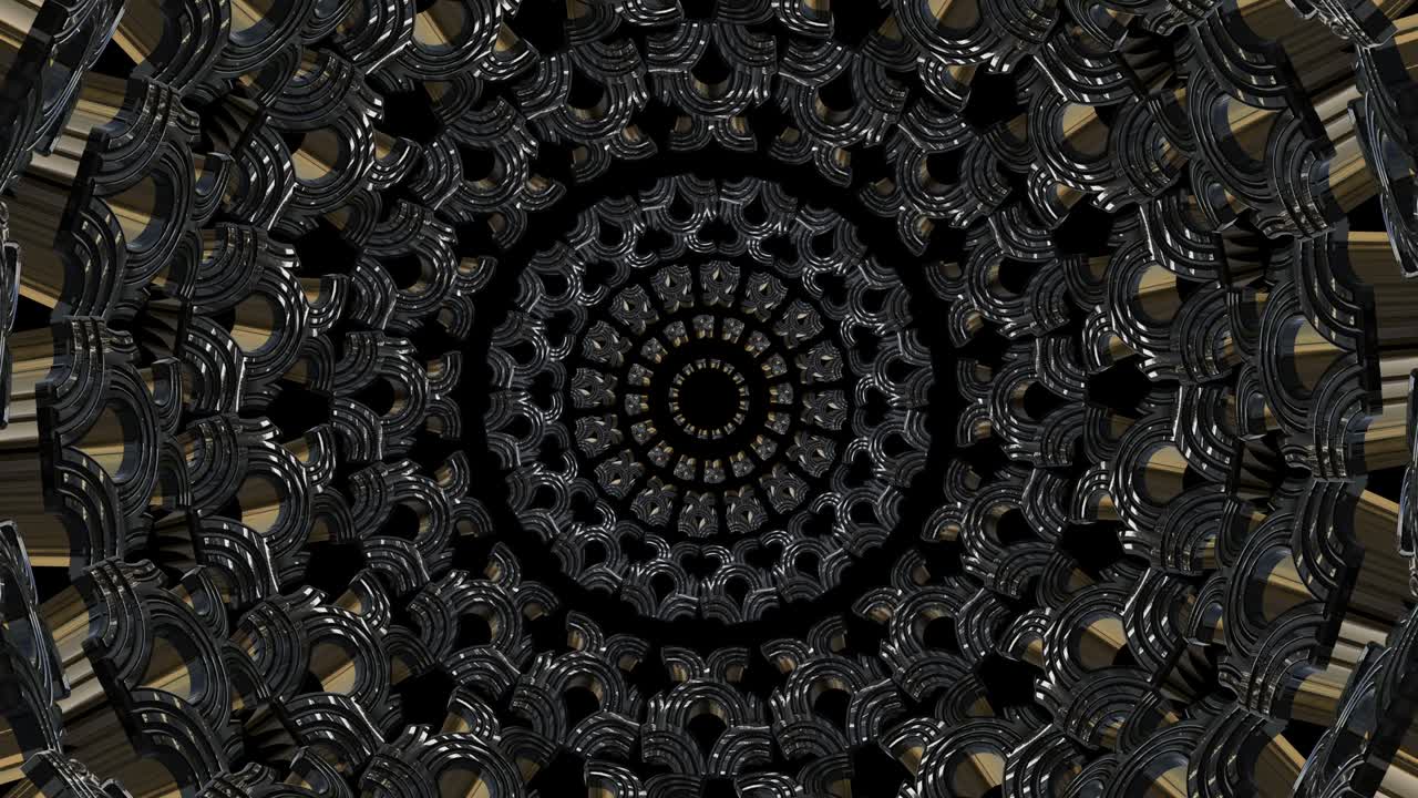 Japanese marine pattern. 3D shapes laid out in circles. Gold and silver. Slowly float in from the center. 3D kaleidoscope.