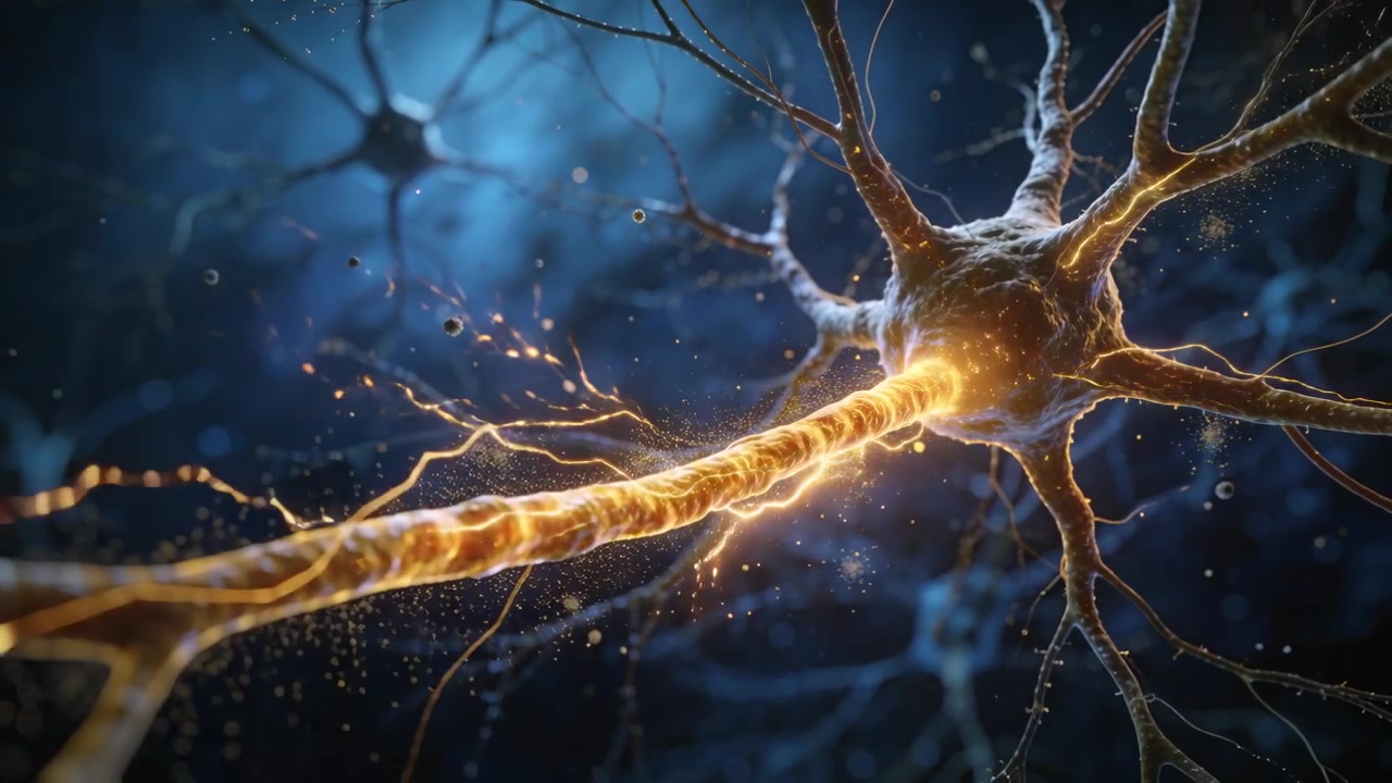 Originating at soma in tissue, single neuron sending glowing pulse along axon, transmitting signal