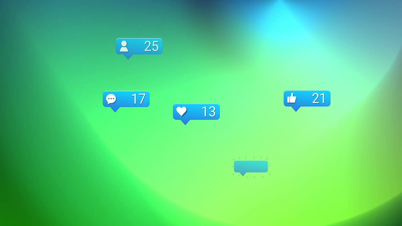 notificaciones de las redes sociales animación sobre fondo de gradiente verde y azul