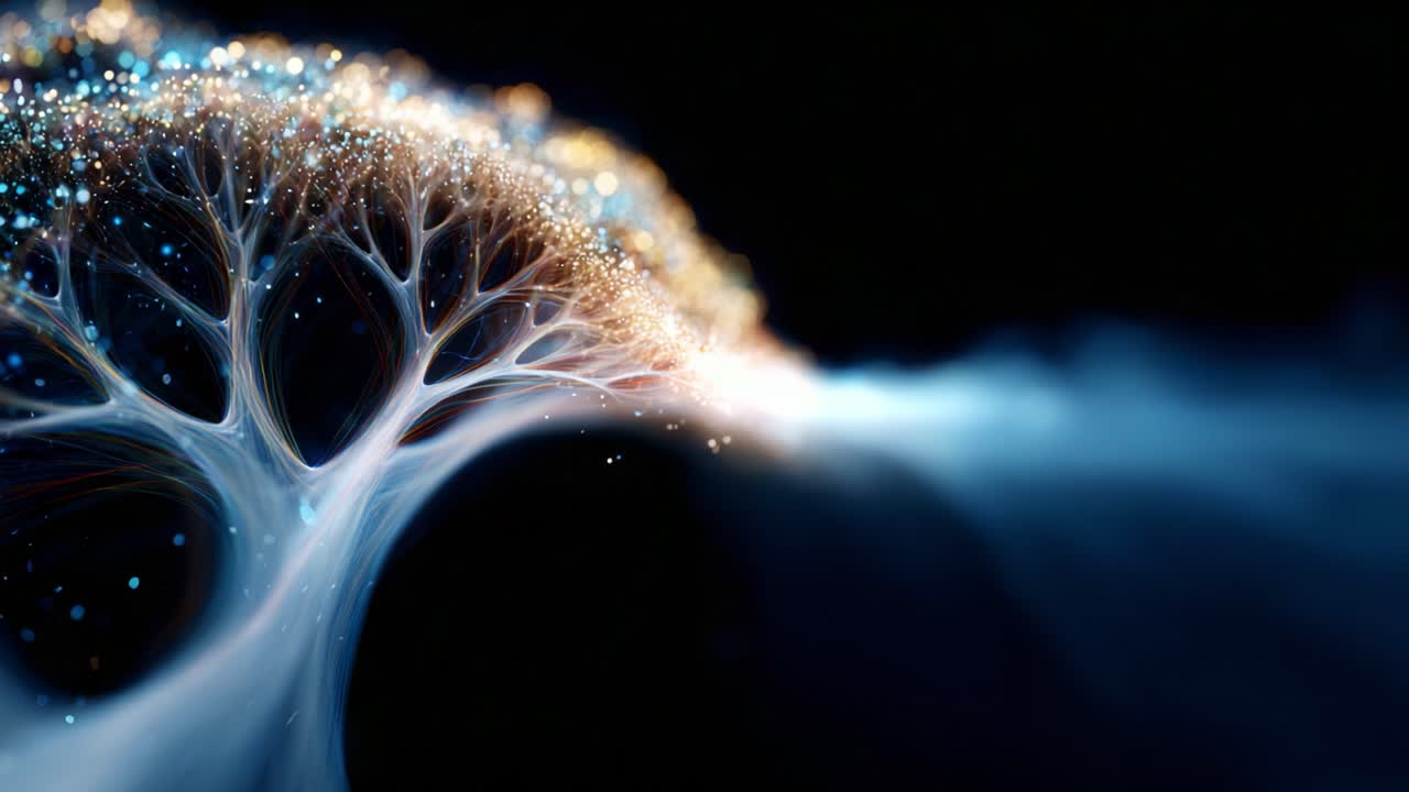 A mesmerizing journey through a digital forest, where vibrant trees made of light and ethereal particles stretch into the unknown, creating a captivating visual experience that invites exploration