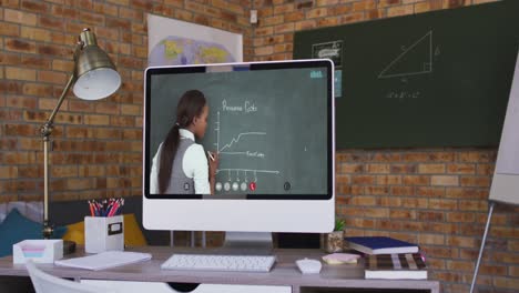 maestra de raza mixta en la pantalla de la computadora durante una videollamada