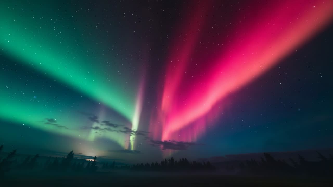 Flaring auroral curtains reacting to geomagnetic activity, converging into swirling V over treeline