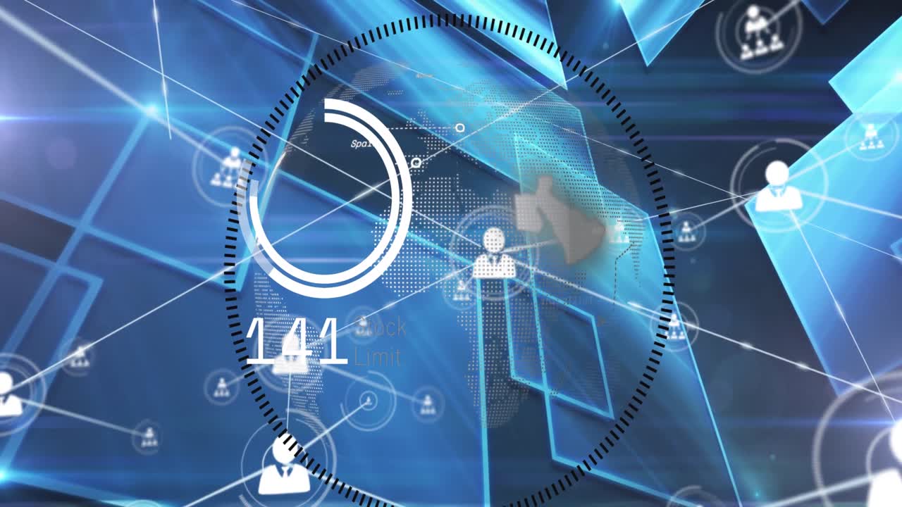 파란색 배경의 사각형 모양에 대해 회전하는 지구상에서 프로필 아이콘의 네트워크의 애니메이션