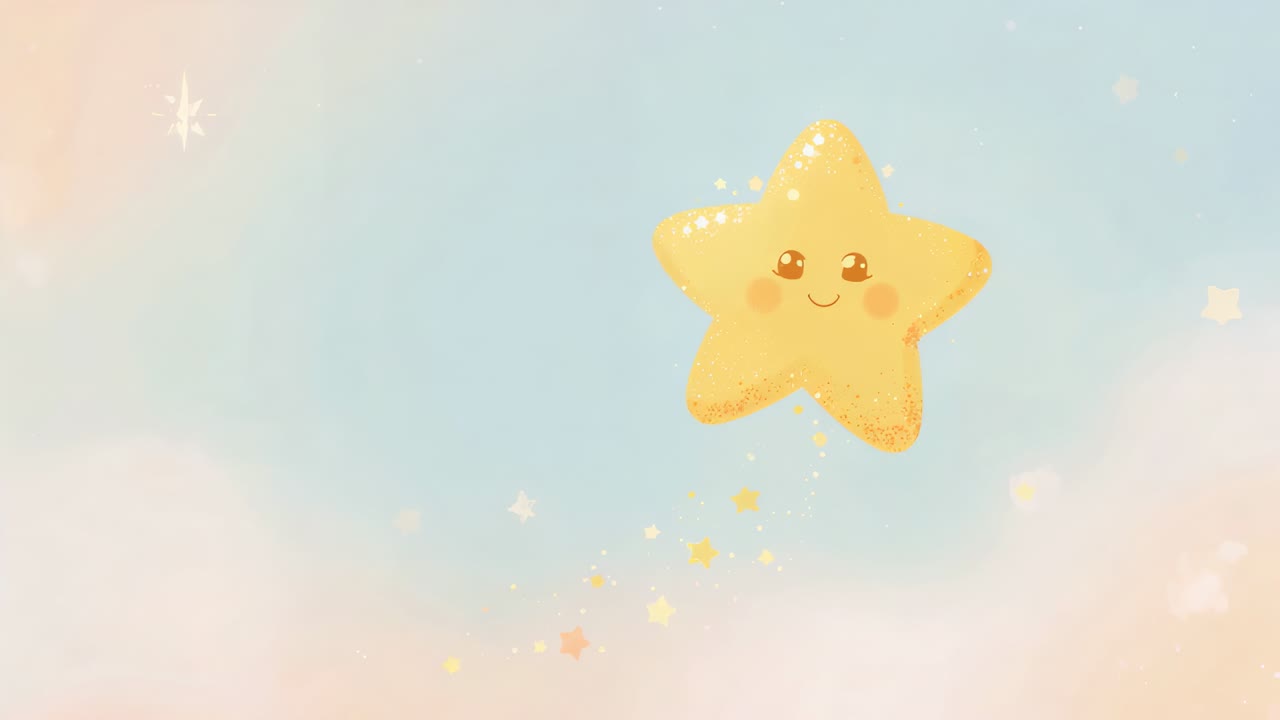 Drifting on start smiling yellow star moving to center in soft sky to focus, trailing sparkles