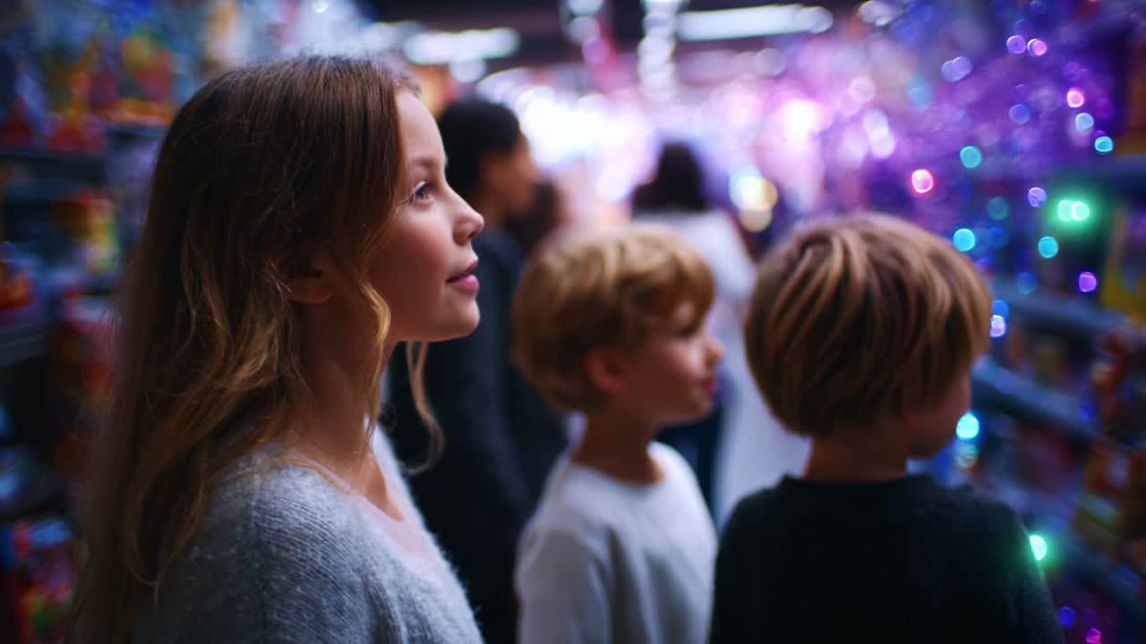 Children in a Toy Store Aisle Gazing at Colorful Lights and Shelves Filled with Toys, Creating a Sense of Wonder and Excitement Amidst a Softly Illuminated Environment of Joyful Anticipation