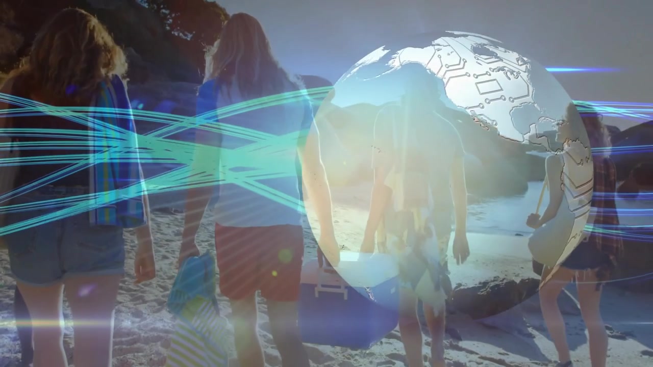 Gruppo di amici che camminano sulla spiaggia con sovrapposizione di un globo digitale