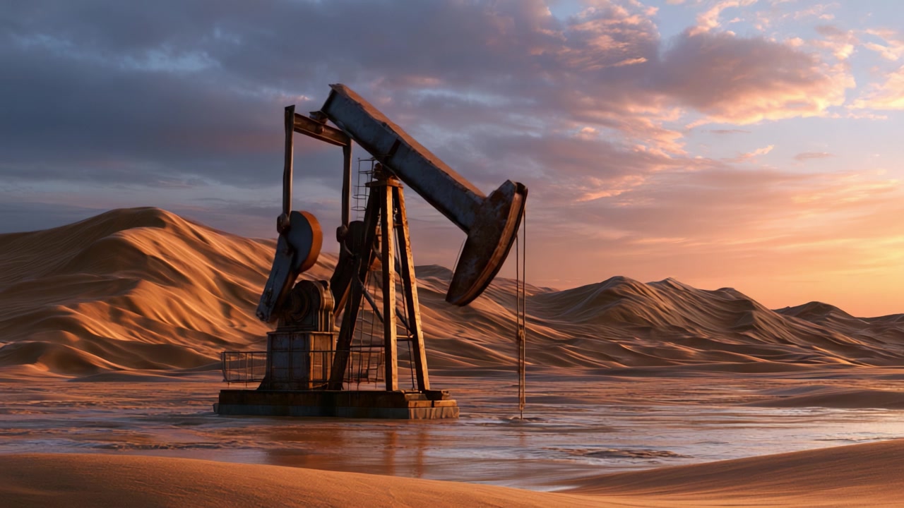 A Majestic Oil Pump Jack Captured in the Serene Desert Landscape During a Beautiful Sunset, Showcasing the Intersection of Nature and Industry