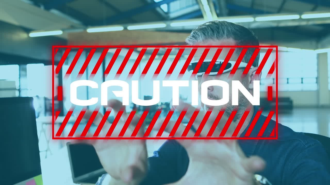 animación de texto de advertencia sobre el hombre que usa auriculares vr