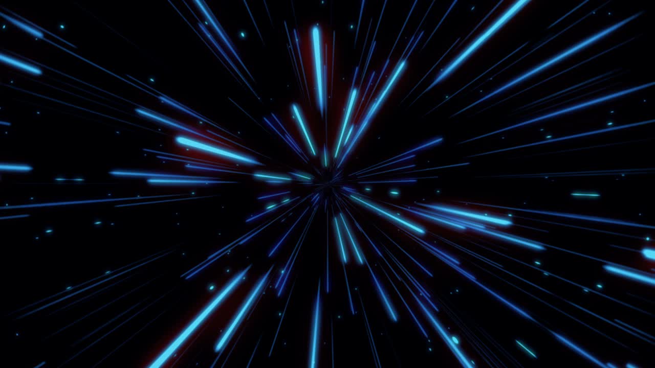 túnel de rayas de luz brillantes en color azul con pequeños puntos, estrellas. agujero de gusano abstracto, hiperloop, fondo de fuegos artificiales