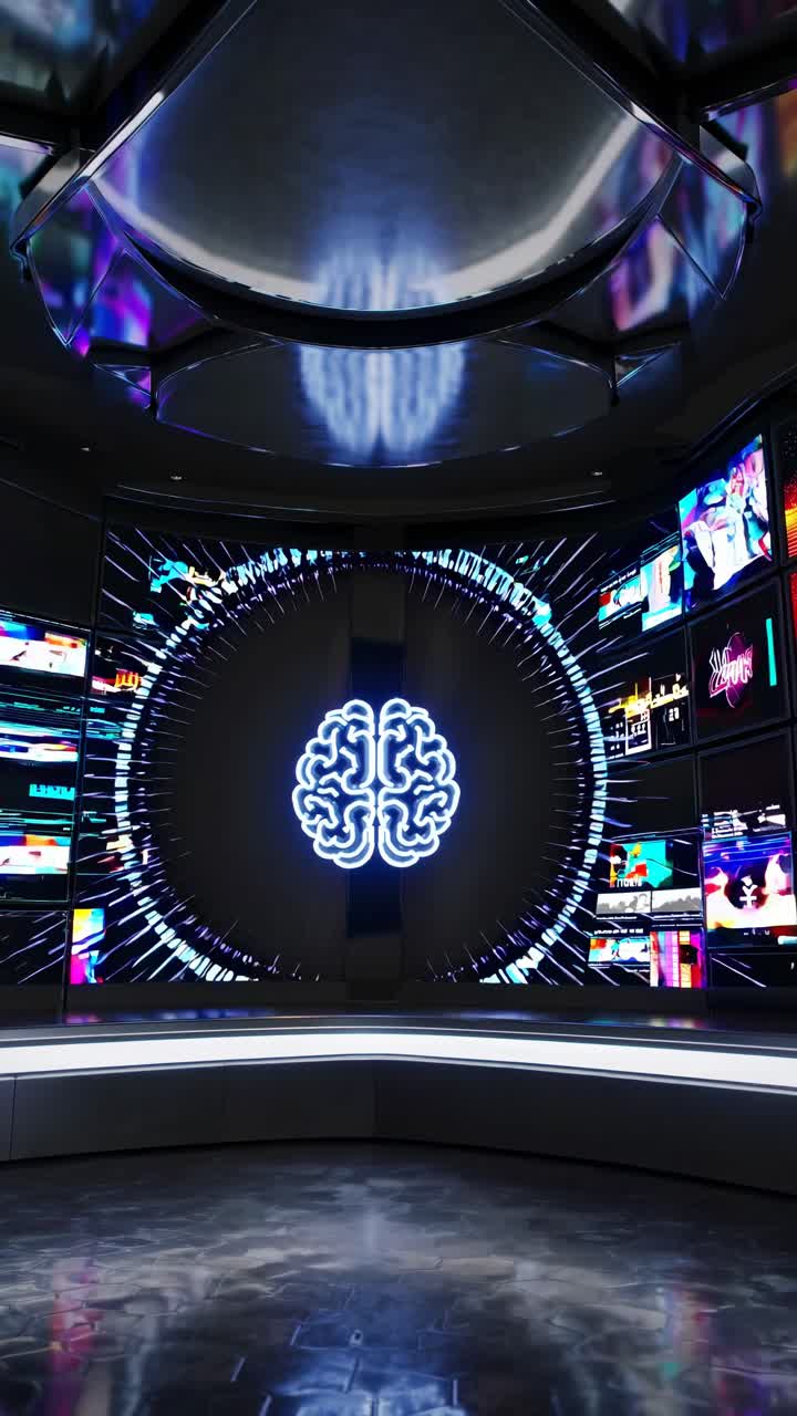 Futuristic video concept with a brain graphic on a circular screen