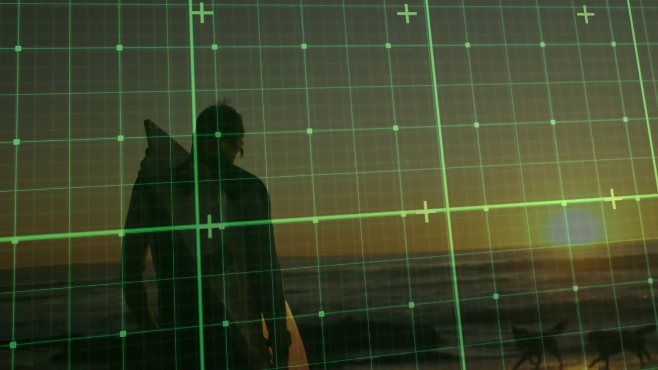Male surfer standing on shoreline at sunset, with neon-green grid overlay suggesting technology HUD