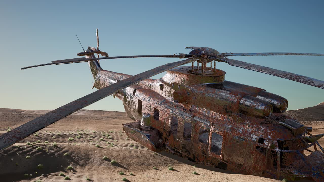 viejo helicóptero militar oxidado en el desierto al atardecer