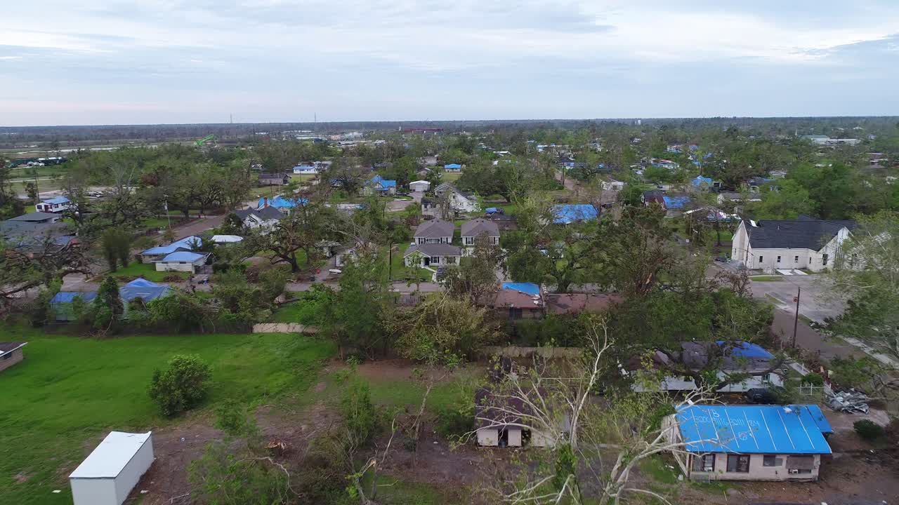 Aerial Drone Footage Of High Wind And Tornado Storm Damage Of A Residential Homes In A Neighborhood In Lake Charles, Louisiana