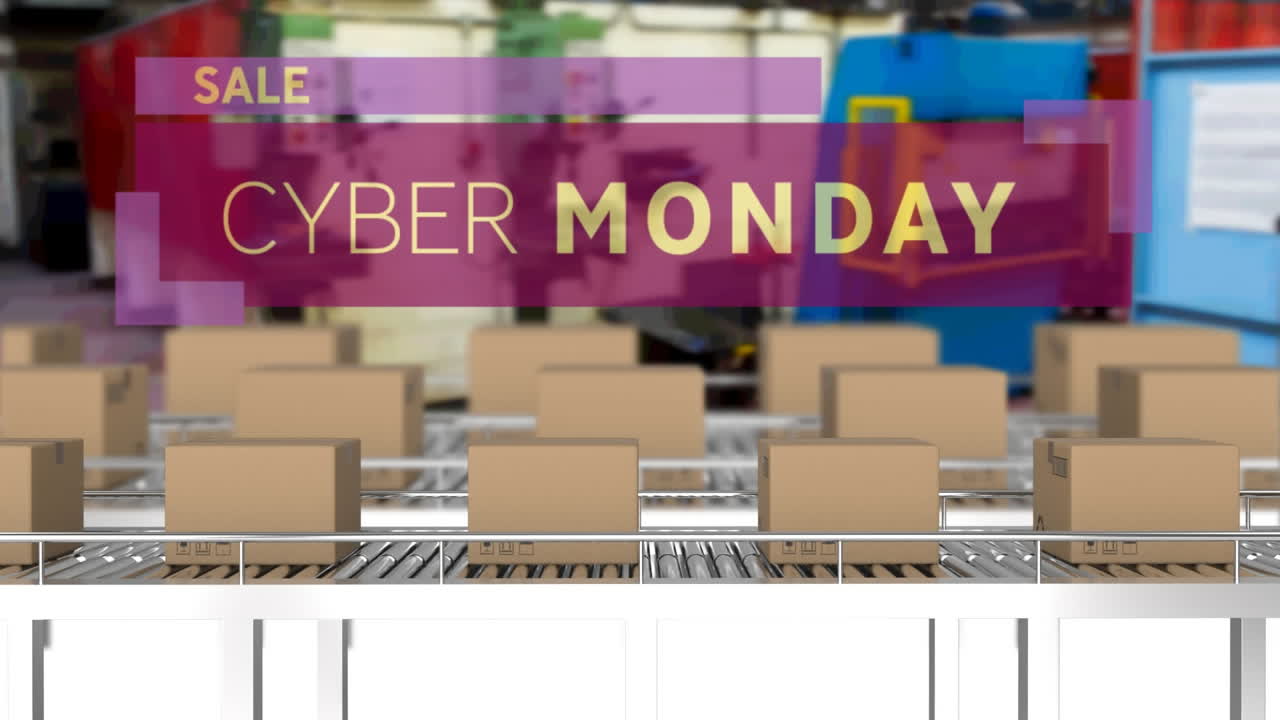 컨베이어 벨트에 있는 카드보드 상자 위에 있는 사이버 월요일 판매 텍스트의 애니메이션