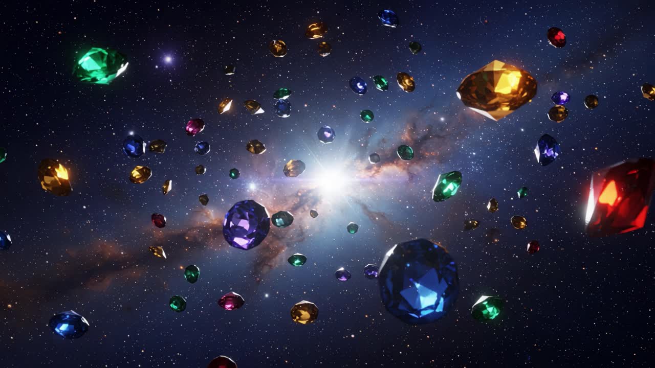 A Stunning Display of Celestial Jewels: An Exploration of Colorful Gems Floating in the Cosmic Depths of Space Against a Glimmering Galactic Background