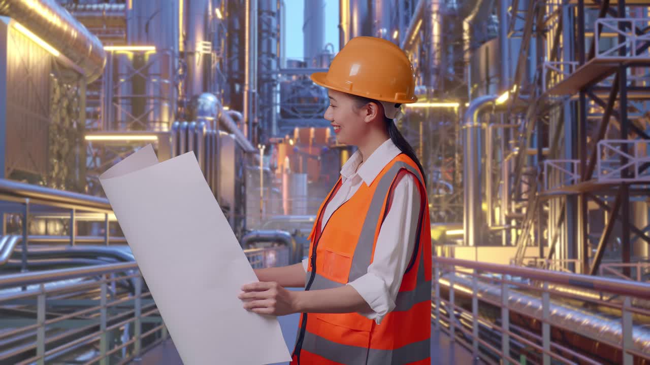 Side View Of Asian Female Engineer With Safety Helmet Looking At Blueprint In Her Hands And Looking Around While Standing At A Vast Oil Refinery