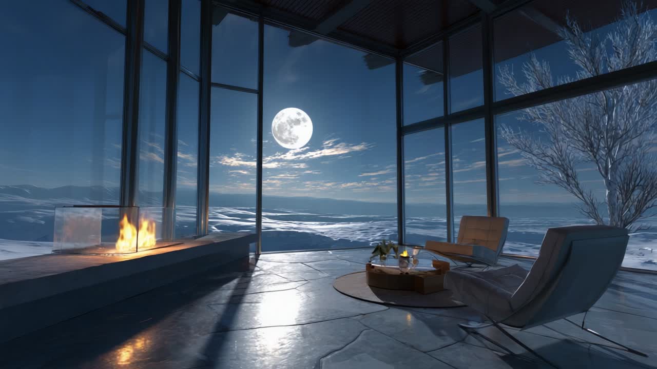 A Serene Winter Evening in a Modern Glass House: A Cozy Fireplace Illuminates the Room While the Bright Full Moon Casts a Brilliant Glow Over the Snow-Covered Landscape Outside