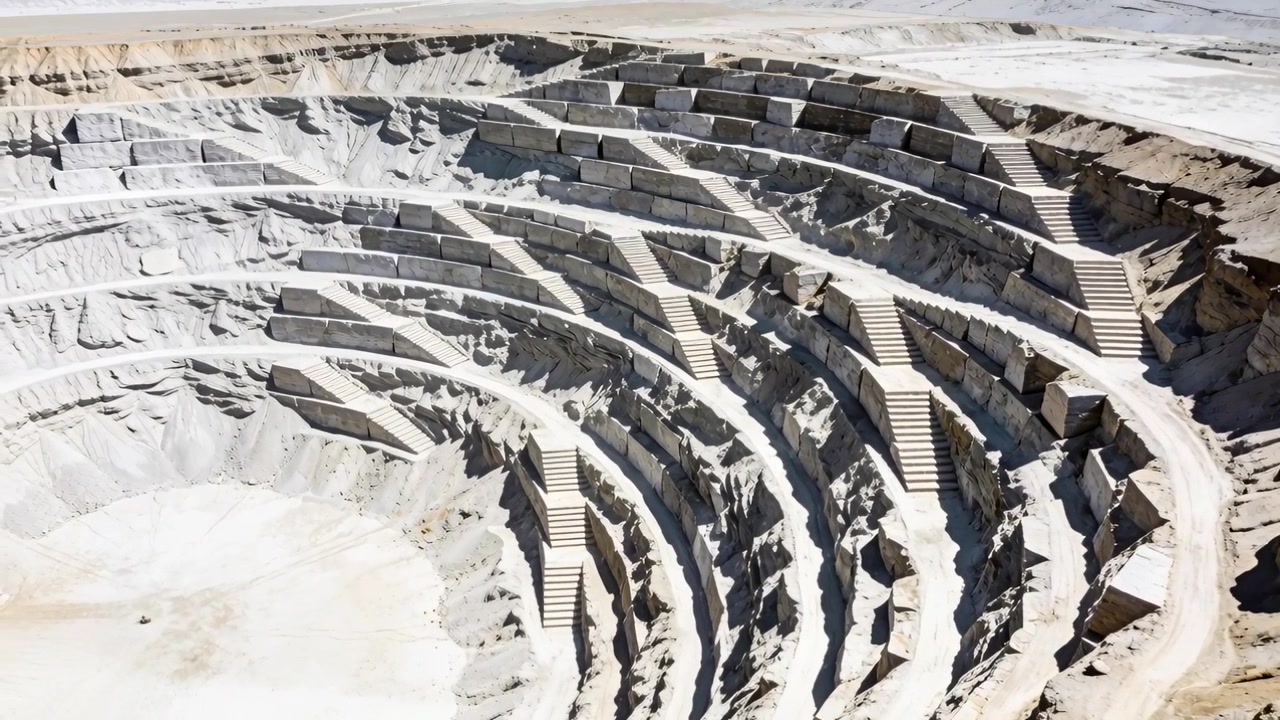 Tilting drone pulling closer, showing circular quarry in arid plain, exposing terraces and ramps