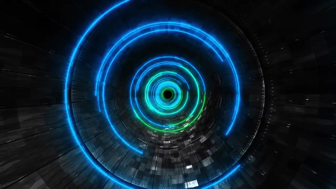 Futuristic green blue portal visual with glowing circular tunnel deep metallic walls and bright