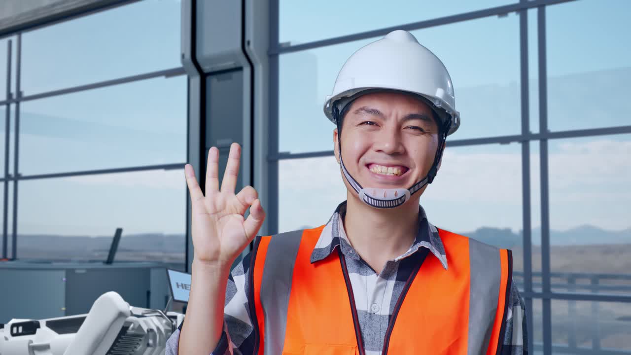 안전 헬을 입은 아시아 남성 엔지니어가 하이테크 공장에서 로 기계 개념을 분석하며 카메라에 미소 짓고 은 몸짓을 보여준다.