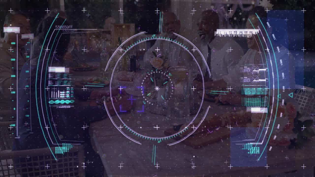 Six diners passing dishes and sharing meal at table, rotating tech HUD pulsing and revealing bread