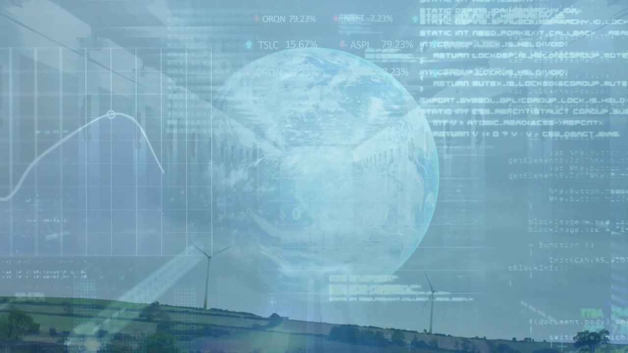 Animation of financial data processing over globe and stock market data processing