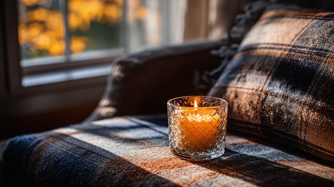 Una scena serale accogliente con una candela tremolante su un divano morbido, circondato da ombre soffuse e un'atmosfera calda, perfetta per il relax e il comfort.