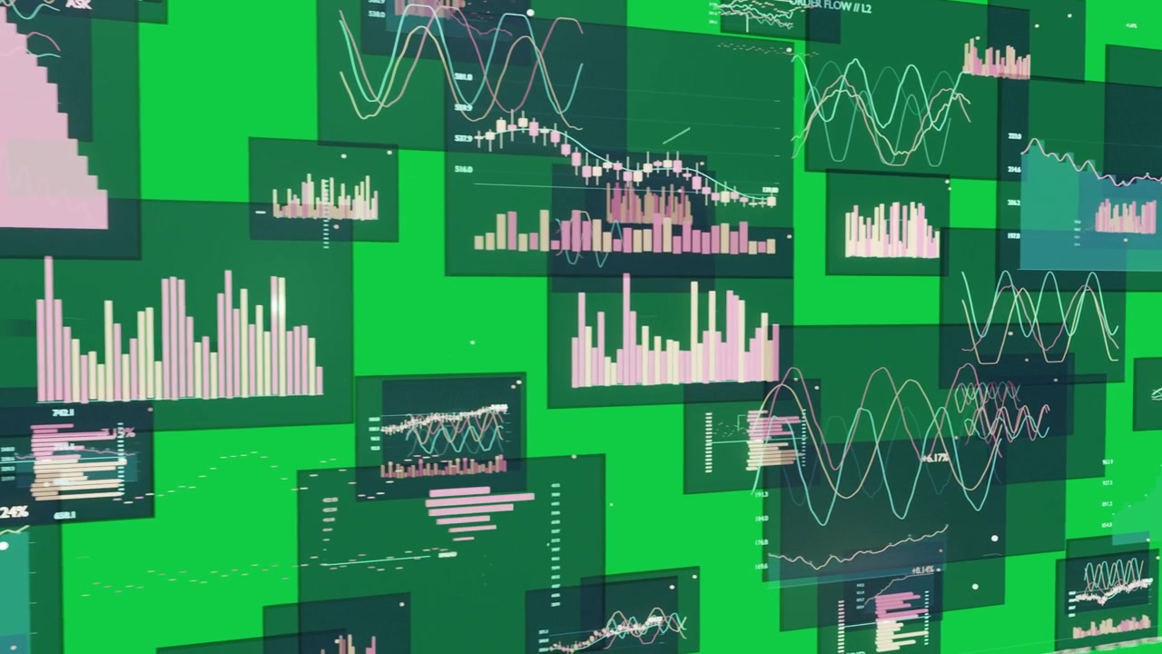 Panoramisch beeld start met zwevende panelen die naar links bewegen, groeien en lagen vormen om een datawand te onthullen in een transparante leegte.